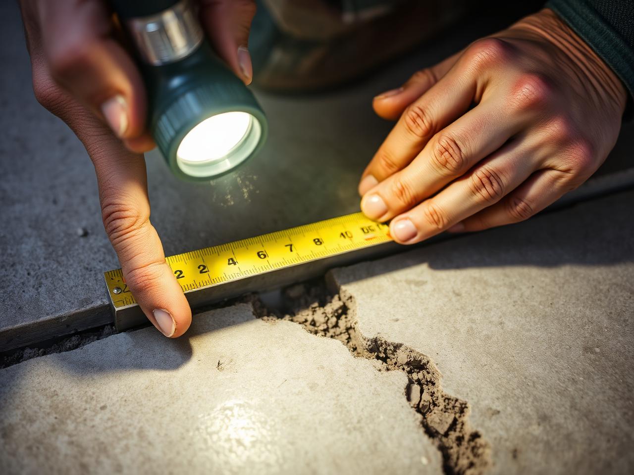 Close-up of a foundation tech inspecting a slab crack with a flashlight and measuring tape