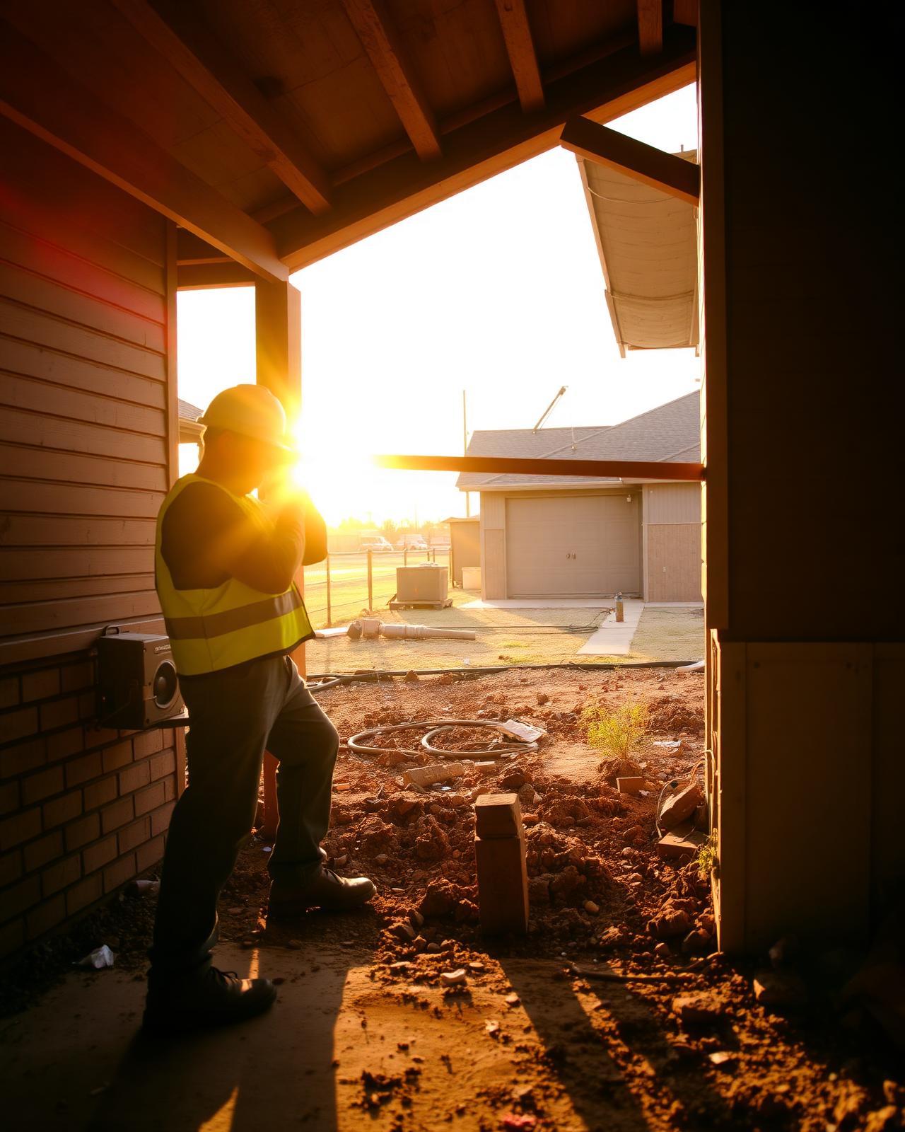 Foundation specialist on a Plano, TX job site at golden hour